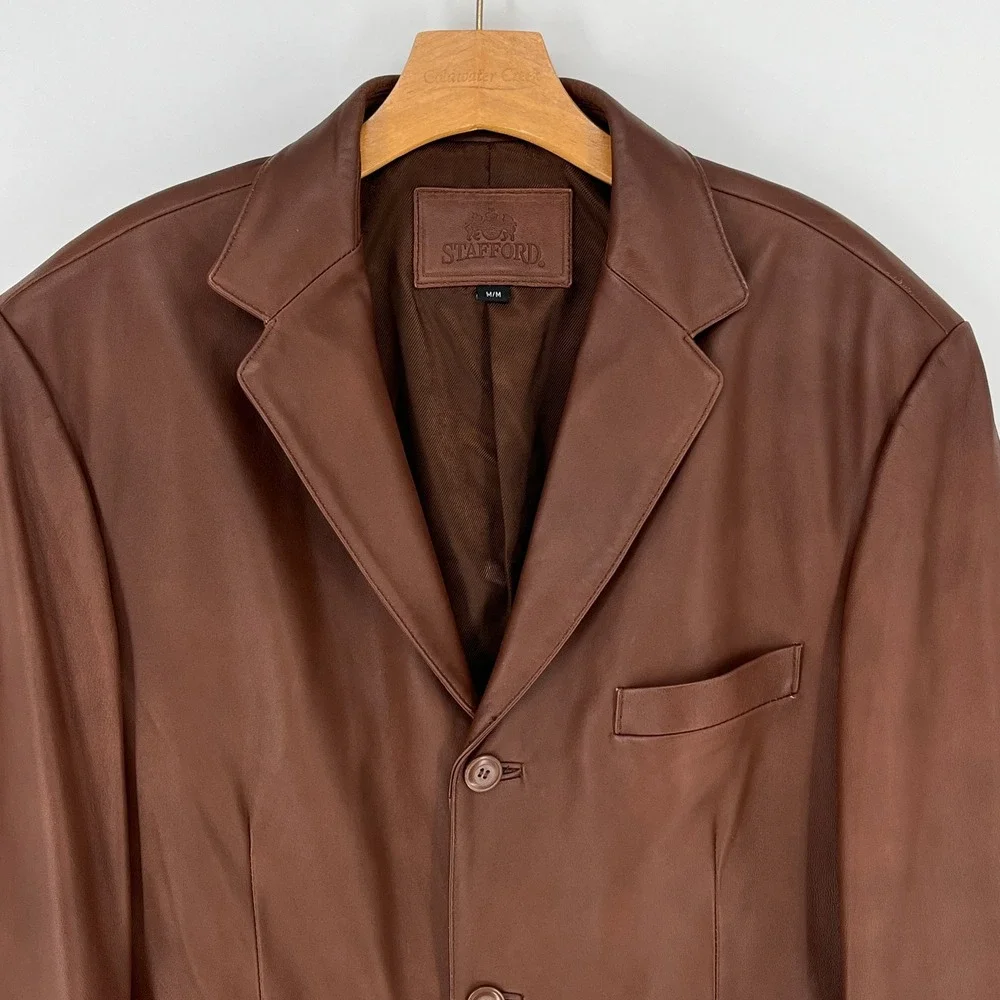 Stafford Brown Genuine Leather Blazer Jacket Mens‎ M Y2K Minimalist Sport Coat